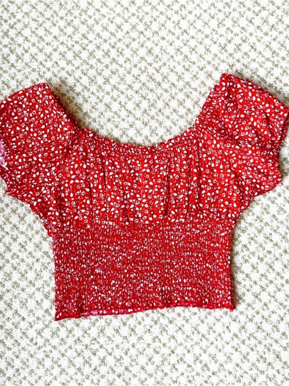 Red Floral Smocked Off-Shoulder Crop Top